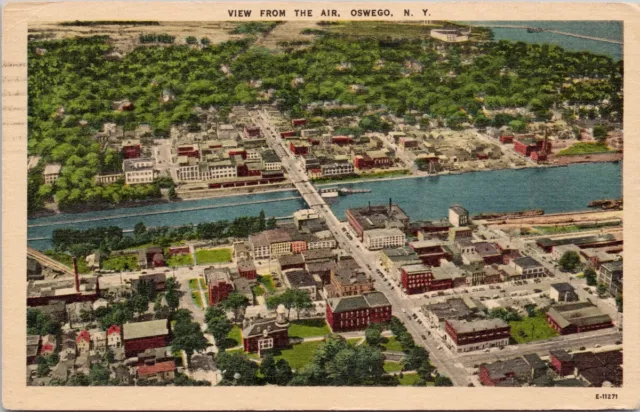Oswego NY Aerial View New York 1950s Vintage Linen Postcard H50
