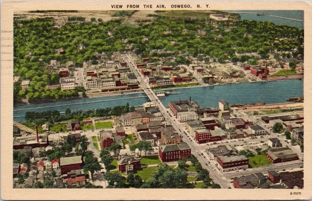 Oswego NY Aerial View New York 1950s Vintage Linen Postcard H50