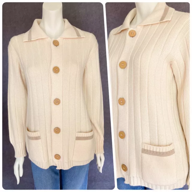 ORIGINAL VINTAGE 1970s BOHO CREAM RIB KNIT SUEDE TRIM POCKET CARDIGAN UK 8-12