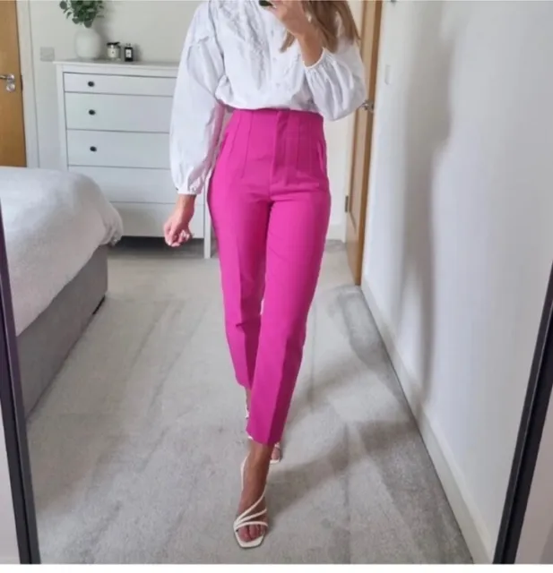 ZARA Blogger Fave Fuchsia High Waist Straight Leg Trousers Size Xs PINK