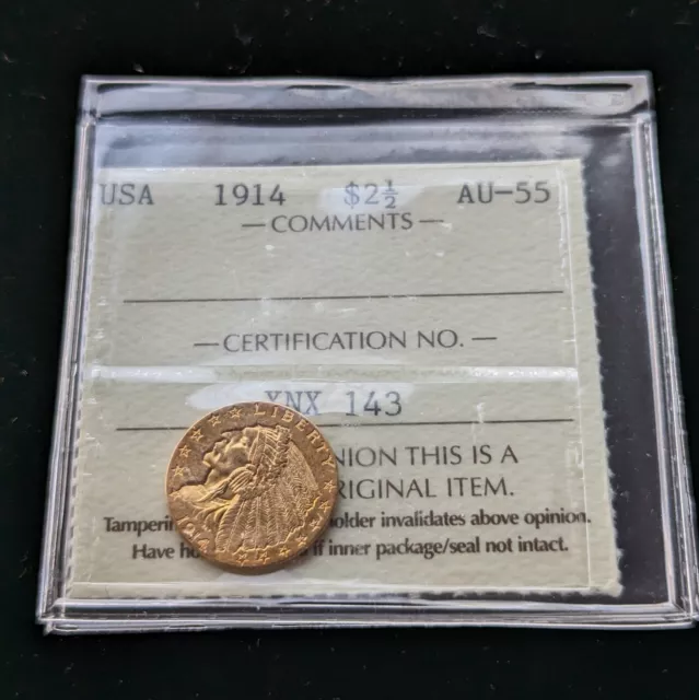 1914 AU-55 USA Quarter Eagle Gold Indian $2.5 ICCS AU-55  .900 Pure Gold