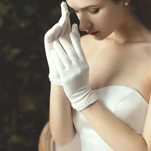 Damen Brauthandschuhe Aus Satin mit Perlenspitze, Elegant für Hochzeitsessen