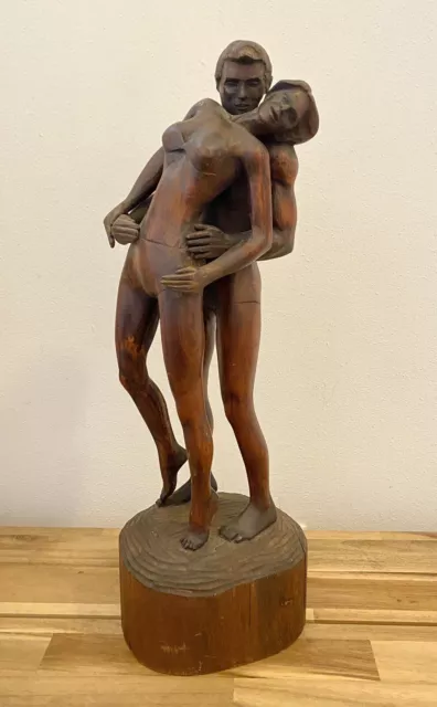 Vintage 60s MCM Wood Statue Hand carved Couple Embracing Sexy Intimate Pinup