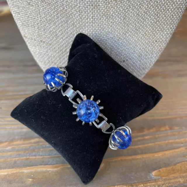 Mid century modern blue bead atomic style bracelet silver tone vintage