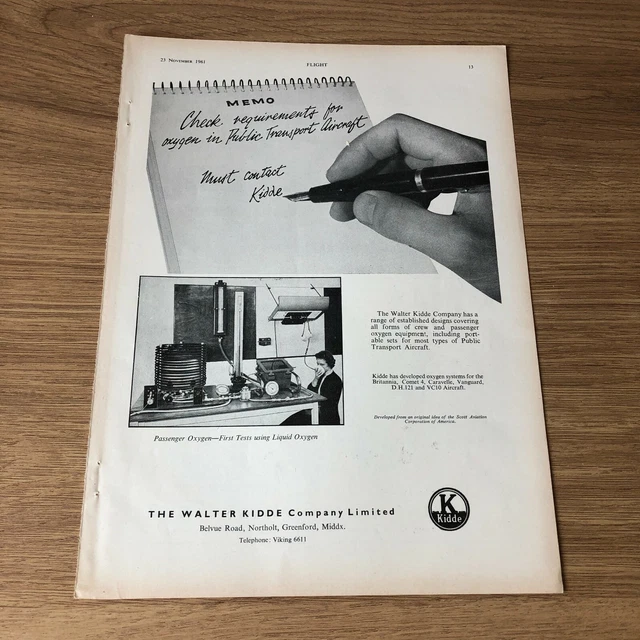 (STA48) Advert 11x8" The Walter Kidde Company Ltd. Passenger Oxygen-First Tests