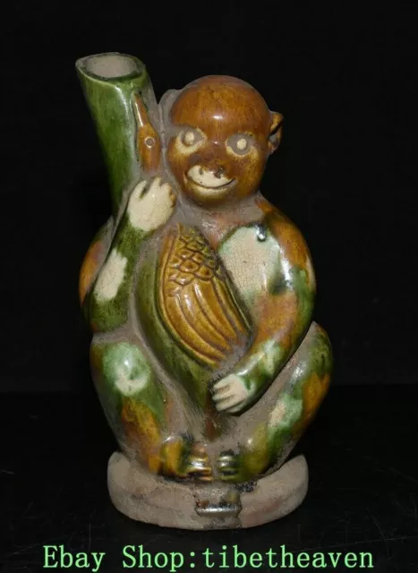 7" Old Chinese Tangsancai Porcelain Dynasty Palace Monkey Crane Wine Pot