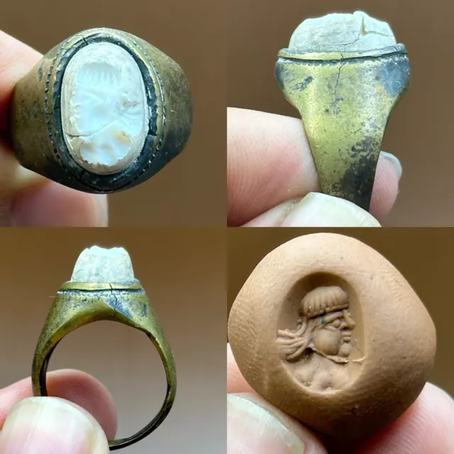 Very Unique Ancient Roman Rare King Intaglio Bronze Ring