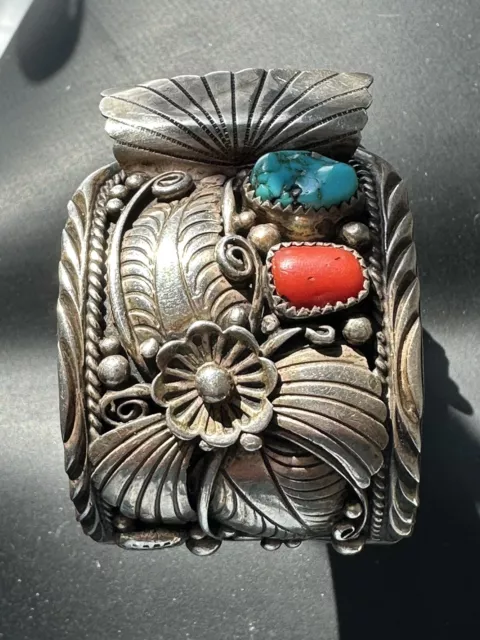 Vintage Navajo Sterling Silver Coral Turquoise Watch Cuff 79 Gram Signed DC