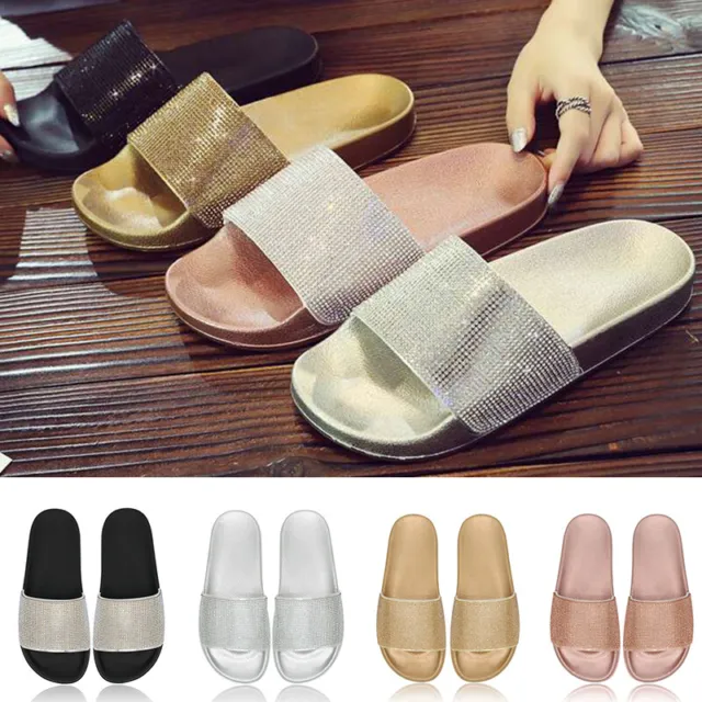 Sandals Mules Slippers Ladies Diamante Shoe Size Sliders Slip Sparkly Glitter
