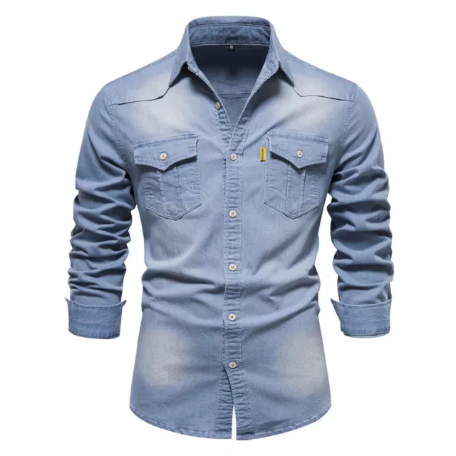 Mens Denim Shirt Casual Long Sleeve Button Down Slim Fit Cowboy Jean Work Shirts