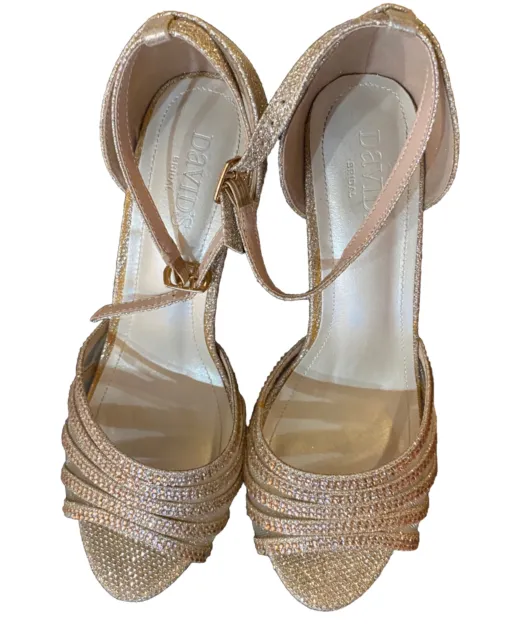 David's Bridal Shoes Strappy Gold ELTON9X Glitter Crystal High Heel Open Toe 7.5