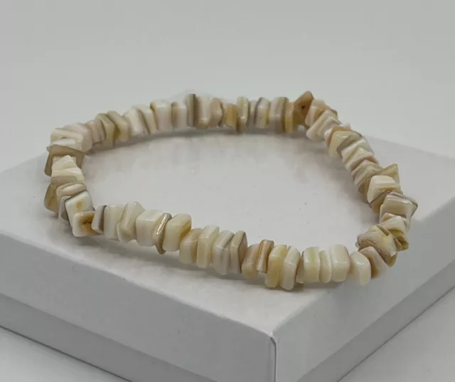 Natural Tan and White Shell Chips Beaded Stretch Ankle Bracelet