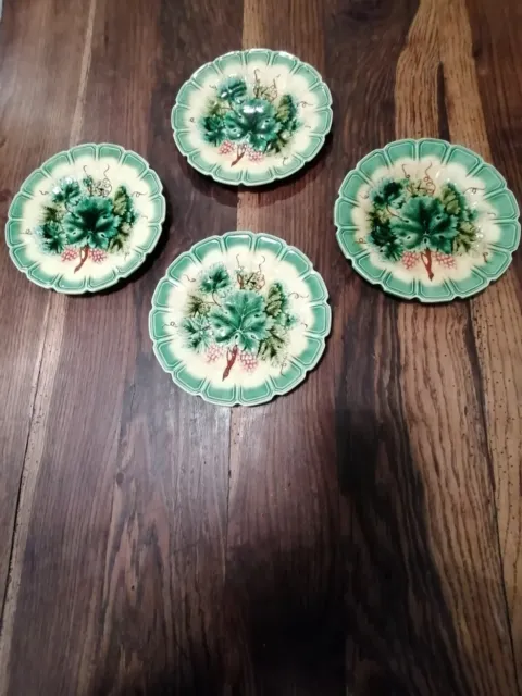 4 Assiettes Dessert  Sarreguemines Majolica Barbotine Vigne Ep 19eme