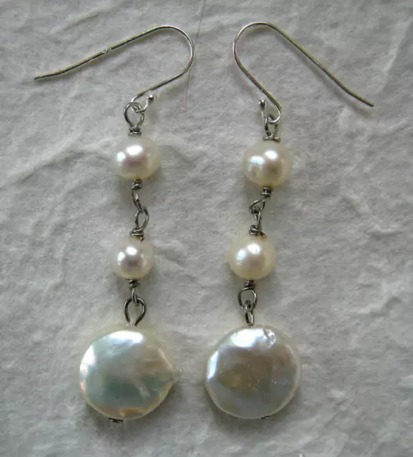 Sterling Silver 925 White Coin Pearl Dangle Earrings