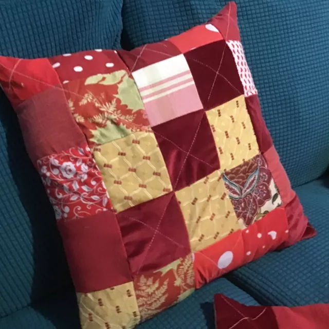 Handmade 16 Inch Button Back Cushion Cover - Patchwork Reds