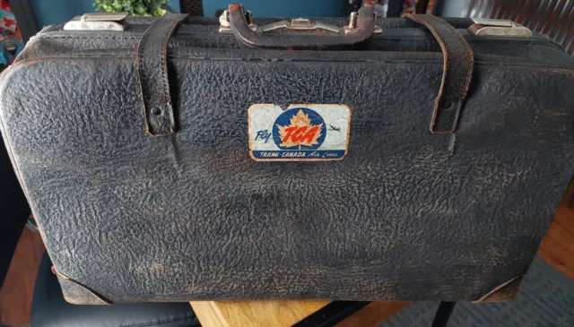 Rare TCA Vintage Leather Suitcase Luggage - TRANS CANADA AIRLINES w/ Key!