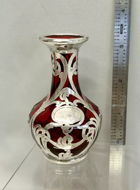 3.5” Tall Art Nouveau Cranberry Vase with La Pierre Sterling Silver Overlay