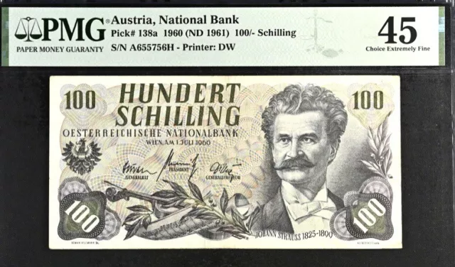 Austria 100/-Schilling Pick# 138a 1960 (ND 1961) PMG 45 XF Banknote