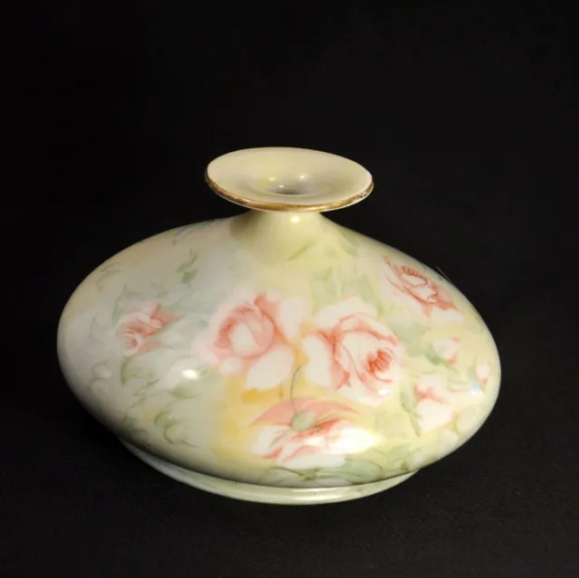 Limoges Squat Vase HandPainted Pink Roses Green Leaves 1890-1932 JPL Jean Pouyat