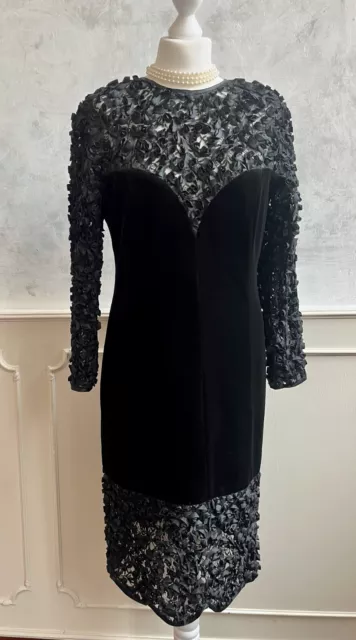 Vintage FRANK USHER Black Velvet Ruched Heart Shaped Cocktail Evening Dress Med
