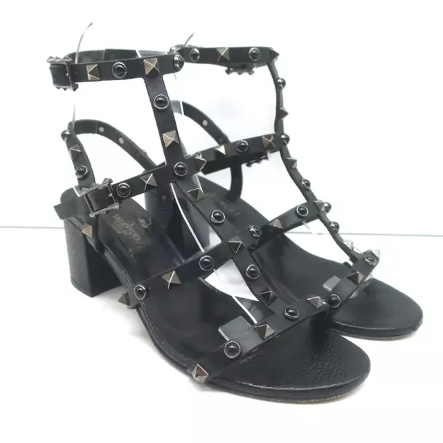 Valentino Rolling Rockstud Caged Ankle Sandals Black Grained Leather Size 36