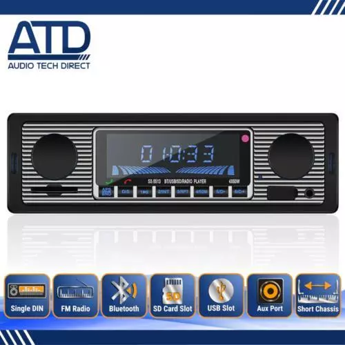 Classic Retro Single DIN Bluetooth USB AUX Car Radio Look Brushed Metal Mechless