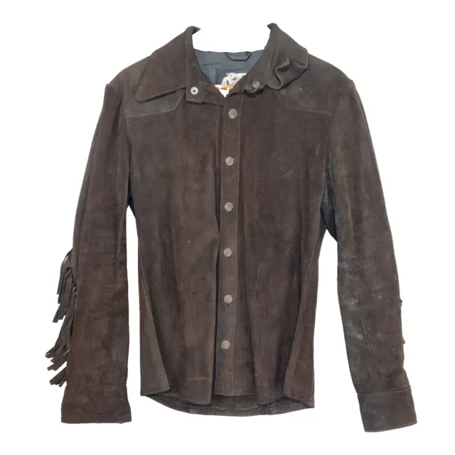 Vintage The Westerner Mens Suede Leather Jacket Brown Size Small Fringe Cowboy