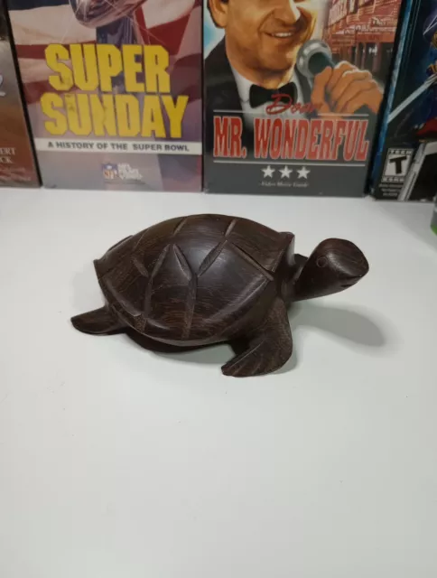 Hand Carved Solid Wood Sea Turtle Figurine - 5"  Dark Brown Heavy