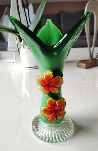 Vase vintage en verre d Art soufflé de Murano, avec inclusions fleurs relief