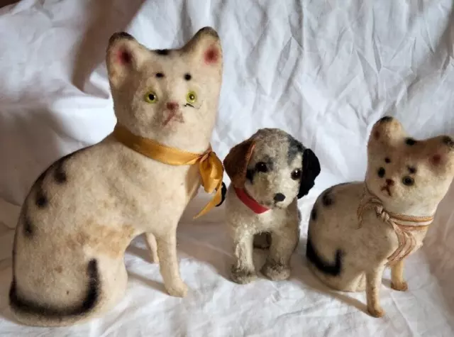 3 papier mache  chats &chien mecanique poupee ancienne/ dog& cats papermache