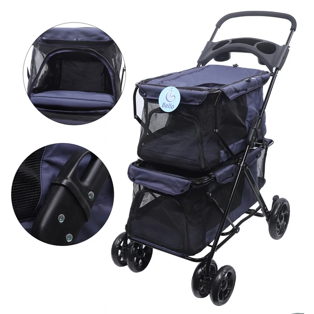 Cochecito Mascota Azul Dos Capas con Cesta de Almacenamiento 4 Ruedas Plegable