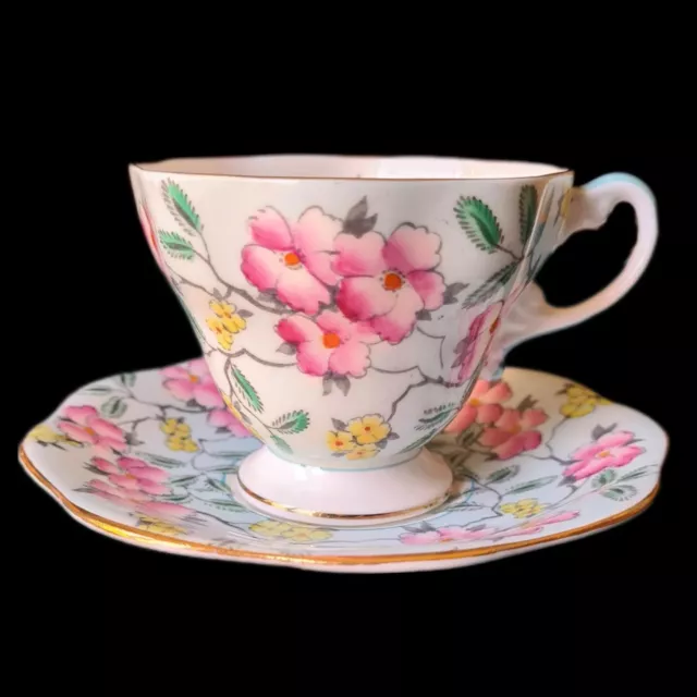 Pastel blue bone china floral cup and saucer by Foley Springdale X 2