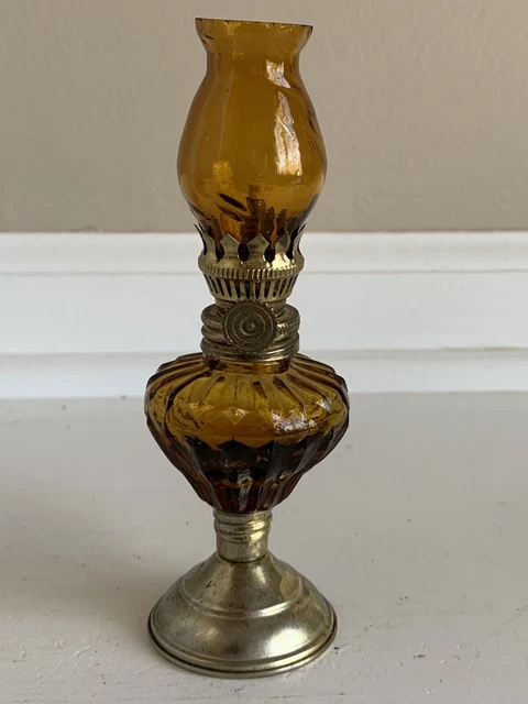 Vintage Miniature Amber Glass Pedestal Oil Lamp 5.5”