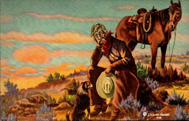 Postcard-That New Range Ahead Cowboy/His Horse, Dog L. H. Dude Larsen c1939 BK49
