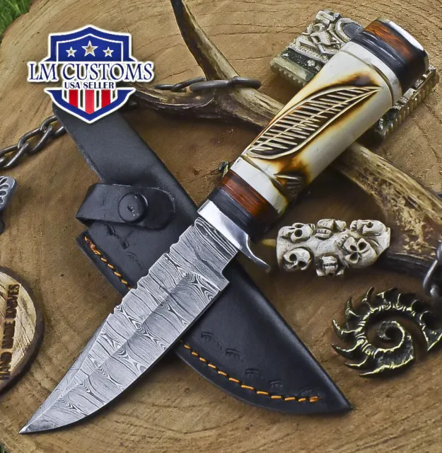 Custom Hunting Skinner Knife Twist Damascus Bone Steel Guard Sports Collectible