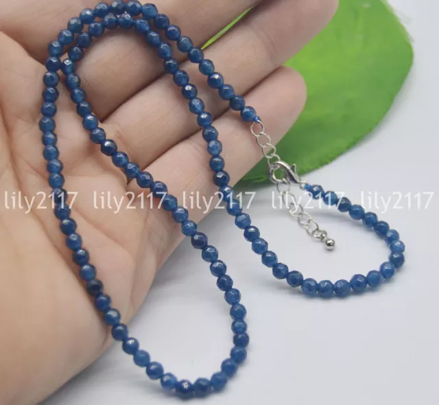 Natural 4mm Blue ink Faceted Kyanite Round Beads Gemstone Necklaces Silver Clasp