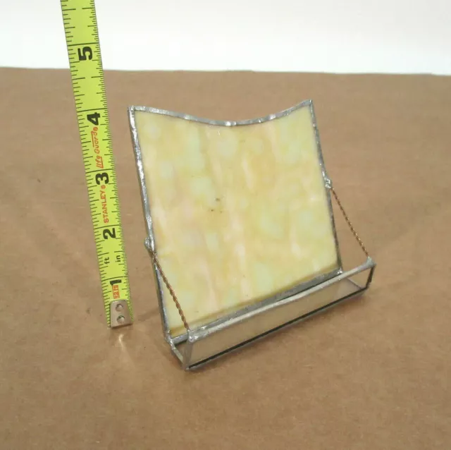 Vtg Stained Glass Desk Business Card Holder Antique Slag Glass Shard Back Signed