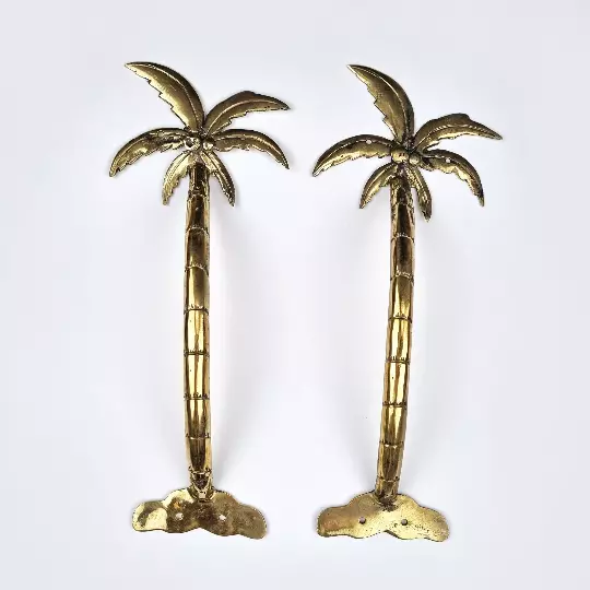 2 thin brass large PALM Tree Leaves 13" inch long  pair trunk door pull handle B
