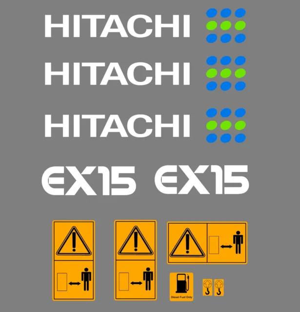 Hitachi EX15 Mini Digger Decal Set avec Sécurité Avertissement Enseignes