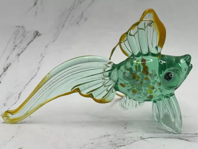Hand Blown Glass Green Fancy Tail Goldfish Ornament 4.5 Inches Long