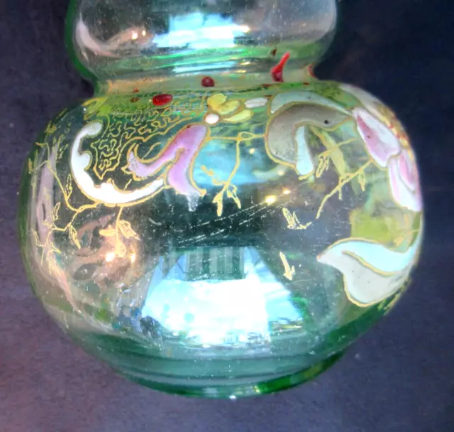 Carafe en verre vert transparent, émaillée Legras: Tulipes et rinceaux 4