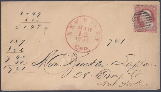 Us 1861 Civil War Cover New Haven Conn Red Cancel To Ny