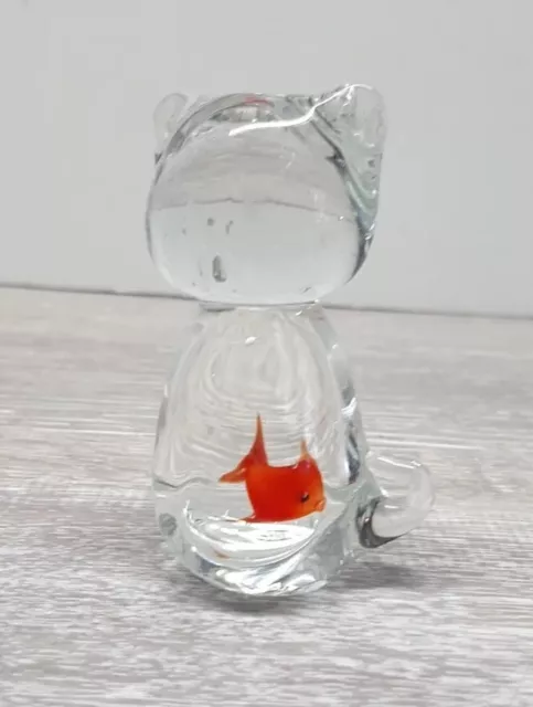 Silvestri Cat w/ Goldfish Figurine 3" Clear Glass Vintage Sitting Paperweight