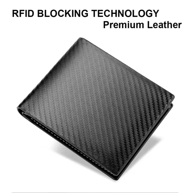 Men's Slim Wallet RFID Blocking Carbon Fiber Leather Bifold Card ID Holder 2
