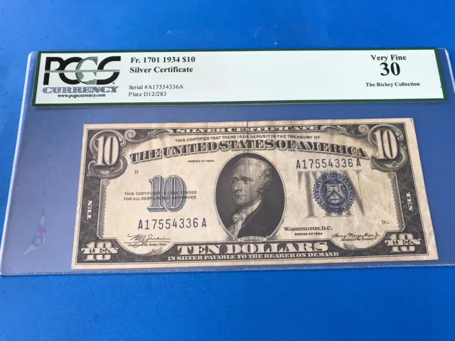 1934  Blue Seal $10 Ten Dollar Silver Certificate PCGS 30 .. Loc. #51
