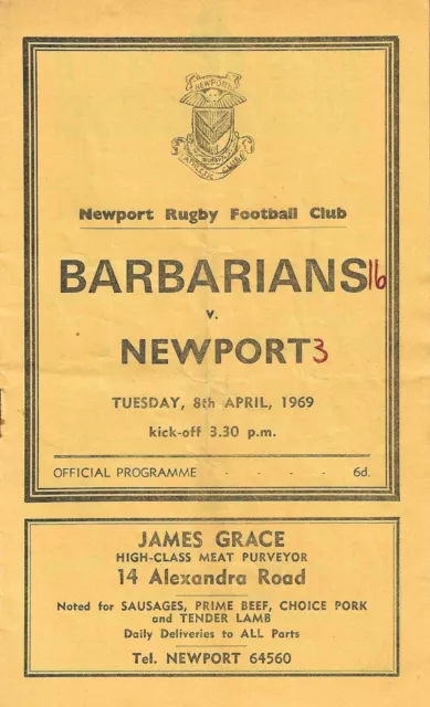 NEWPORT v BARBARIANS 8 APRIL 1969 RUGBY PROGRAMME - BAABAAS EASTER TOUR OF WALES