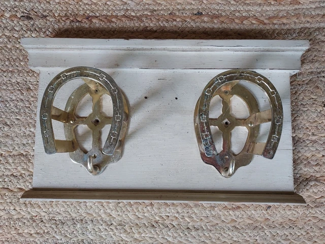 Vintage Antique Brass Wood Horseshoe Bridle Tack Room Hat Rack