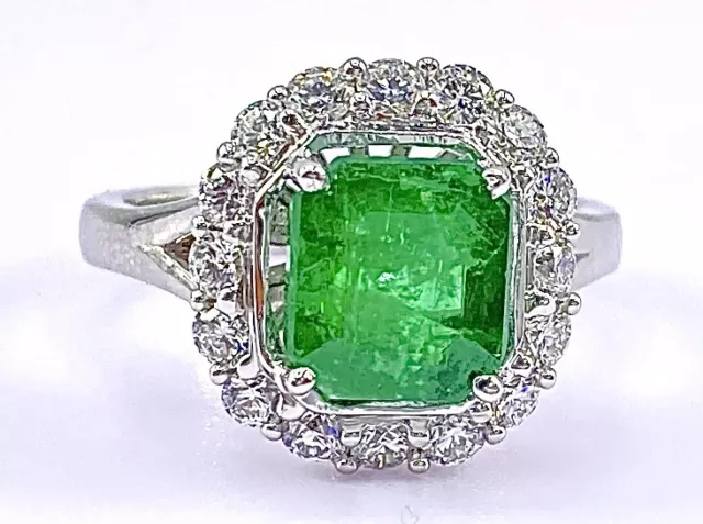 3.09 ct DIAMOND & AIG cert columbian EMERALD halo ring 18k white gold (VIDEO)