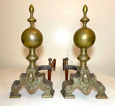 pair of 2 antique ornate Victorian cherub brass cast iron fireplace andirons