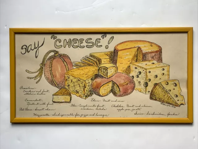 Vintage 1970’s Jacque Pati Framed Print Say Cheese Food Pairing Chart